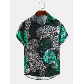 Mens Tiger Graphic Leaves Short Sleeve Lapel Shirts