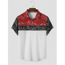 Mens Paisley Color Block Print Lapel Short Sleeve Shirts