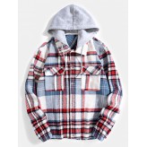 Men Contrast Color Pockets Button up Lapel Hooded Shirts Jackets